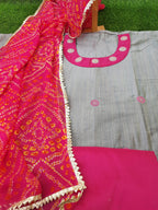 Light grey color Metro Silk Embroidery Work Suit With Bandhej Dupatta