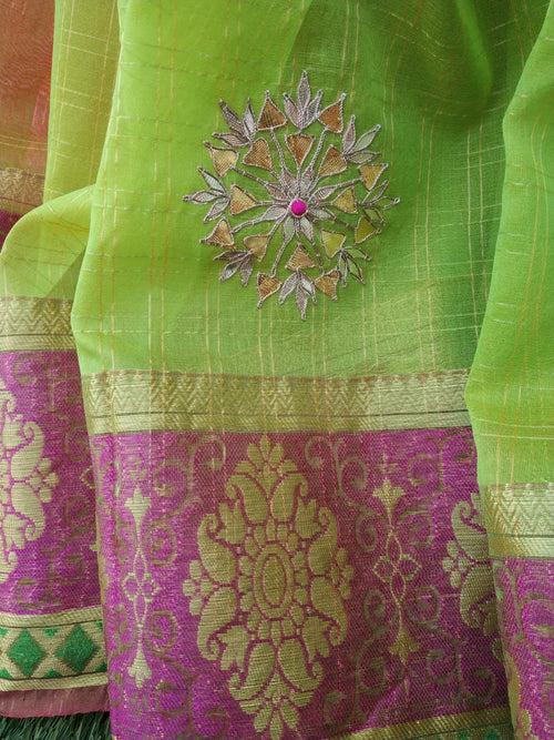 Organza Heavy Border Green Saree With Blouse