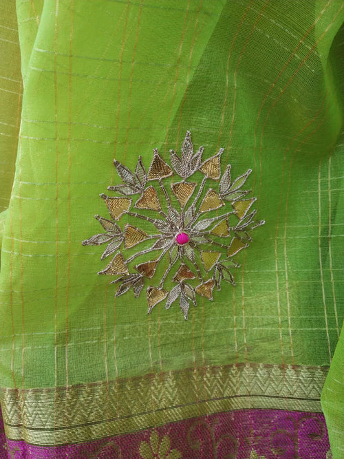 Organza Heavy Border Green Saree With Blouse