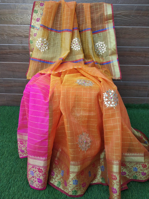 Organza Heavy Border Peach color Saree With Blouse