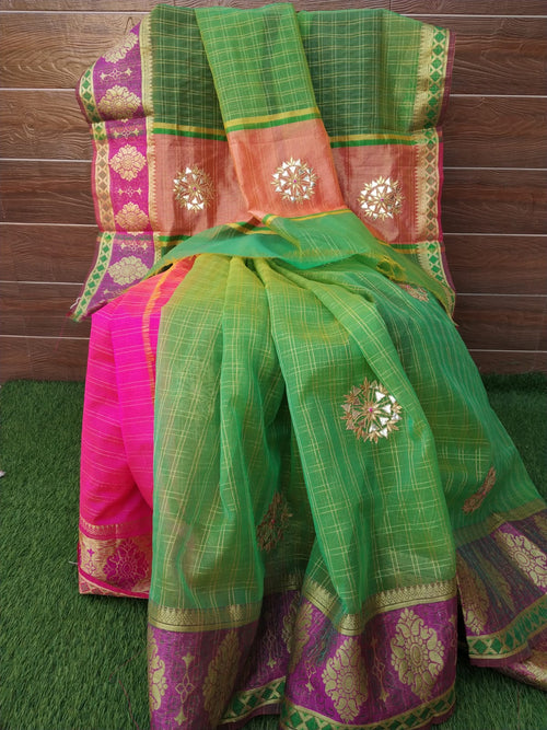 Rama Green Organza Heavy Border Saree With Blouse