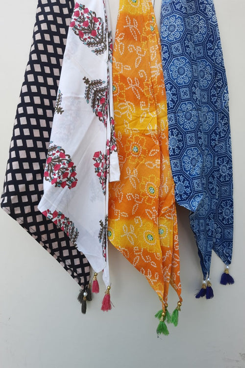 Beautiful Pack Of Four Block Printed Scarves With Tassels