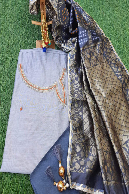 Grey Chanderi Gotta Patti Suit With Heavy banarasi Dupatta