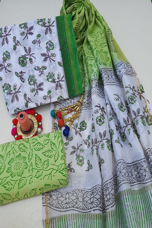 White Chanderi Block Print Suit With Chanderi Dupatta