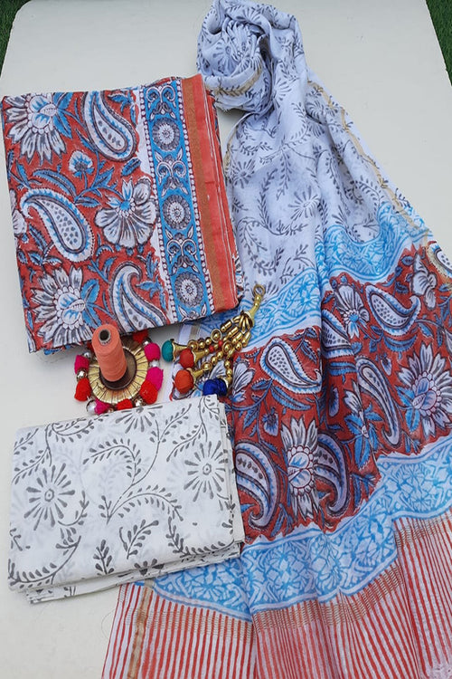 Peach Chanderi Block Print Suit With Chanderi Dupatta
