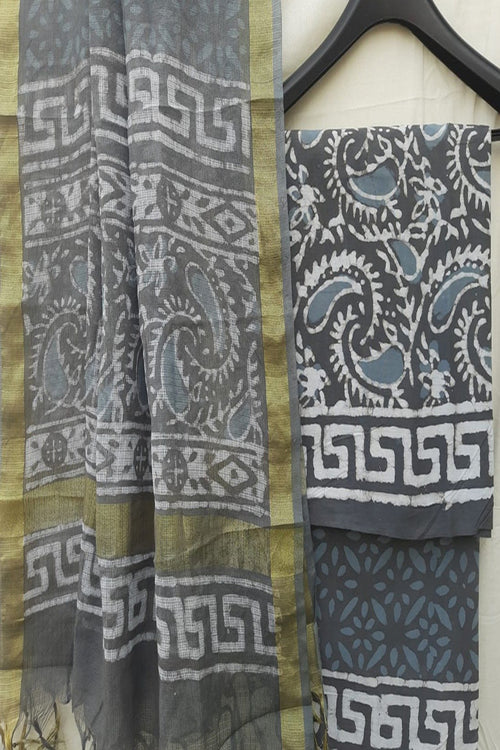 Grey Cotton Dabu Print Suit With Kota Dupatta