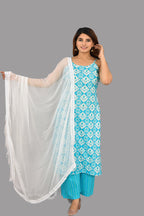Sky Blue Cotton Suit With Pure Chiffon Crochet Lace Dupatta