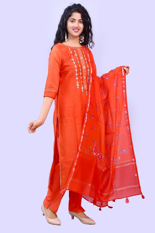Rust Beautiful Designer Gota Patti Stitched Suit With Digital Print Chanderi Dupatta