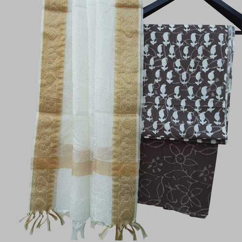 Beautiful Brown Cotton Suit With Kota Silk Dupatta