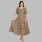 Beige With Blue Crepe Silk Stitched One Piece Dress With Lining