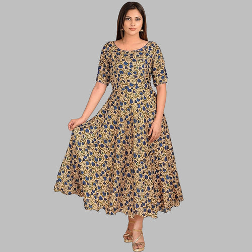 Beige With Blue Crepe Silk Stitched One Piece Dress With Lining