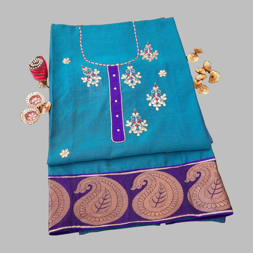 Teal Chanderi hand work Kurtis