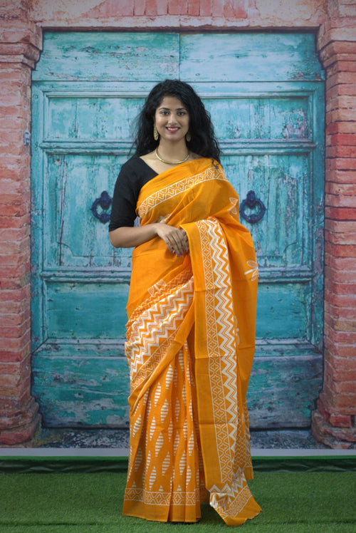 Mustard Yellow Mulmul Cotton Saree