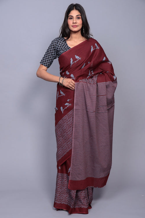 Maroon Color Mulmul Cotton Saree