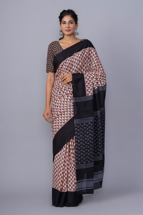 Peach With Grey Color Mulmul Cotton Saree