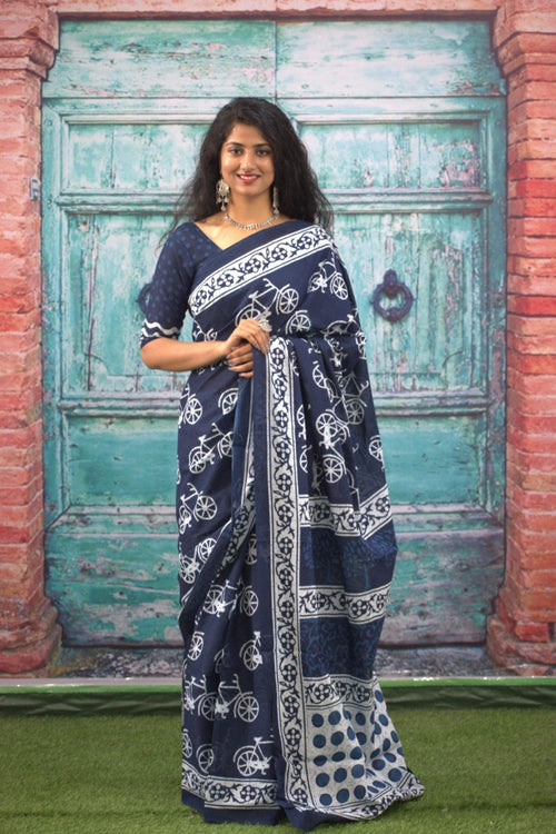 Dark Blue Color Cotton Hand Block Print Saree