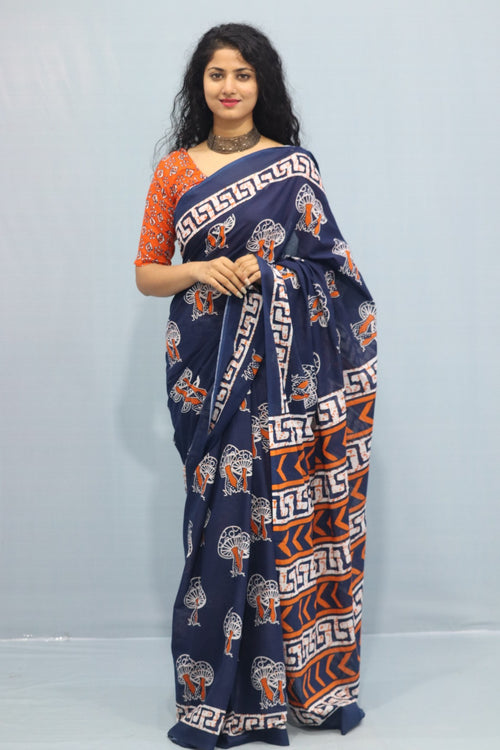 Blue color mulmul Hand Block Print  Cotton saree