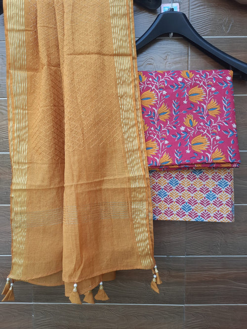 Mustard color chanderi dupatta with cotton suit