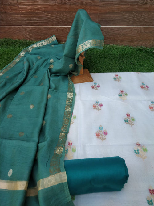 pure banarsi white suit with pastel colour meenakari weaving suit