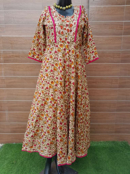 BEIGE WITH MULTI COLOR CREPE SOFT SILK  DRESS WITH LINING