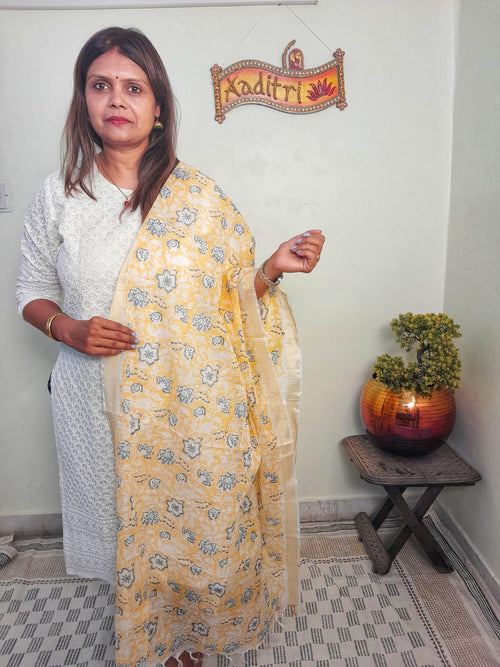 YELLOW DUPTTA WITH HAND BLOCK  PRINT