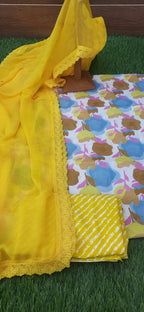 Lemon yellow cotton suit with chiffon dupatta