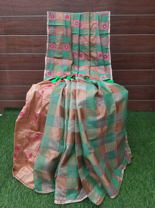 SOFT RESHAM SILK EMBROIDERY CHECKS PATTERN SAREE