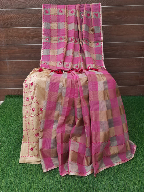 Soft Resham silk embroidery checks pattern  Saree - Aaditri fab