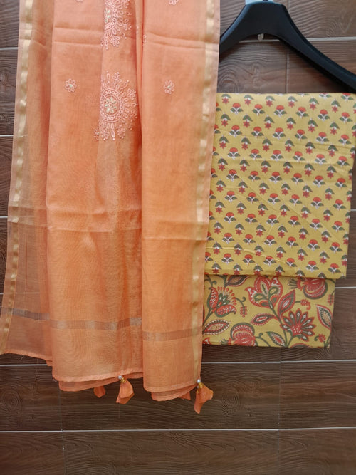 Yellow color cotton suit with chanderi dupatta
