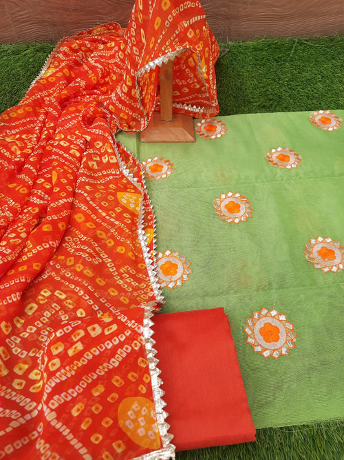 Green Color Supernet Fabric Suit With Georgette Bandhej  Dupatta