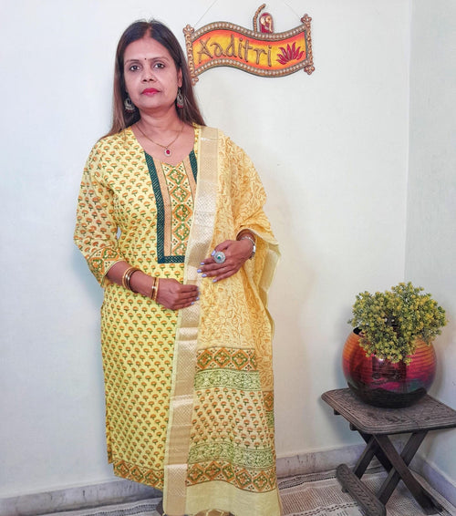 Yellow  Color Maheshwari Silk  Block Print Suit