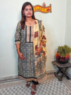 BLACK COLOR CHANDERI BLOCK PRINT STITCHED SUIT WITH CHANDERI DUPATTA