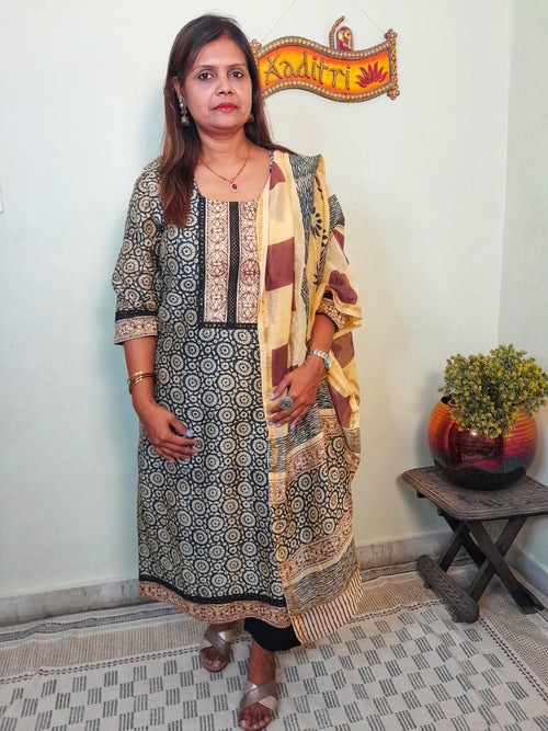 BLACK COLOR CHANDERI BLOCK PRINT STITCHED SUIT WITH CHANDERI DUPATTA
