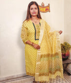 Yellow  Color Maheshwari Silk  Block Print Suit