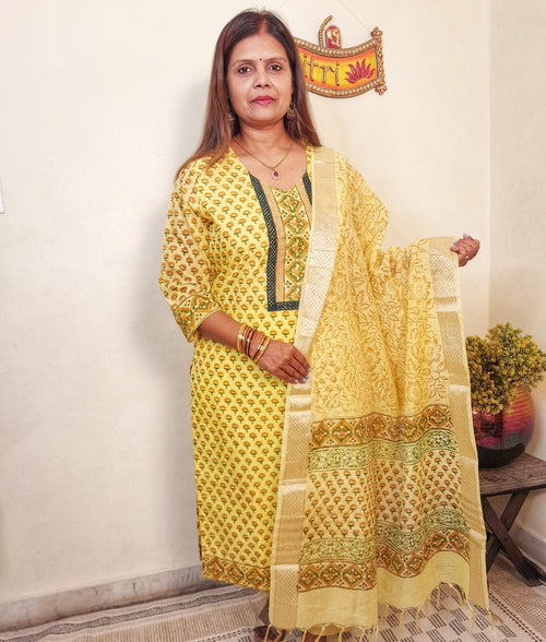 Yellow  Color Maheshwari Silk  Block Print Suit