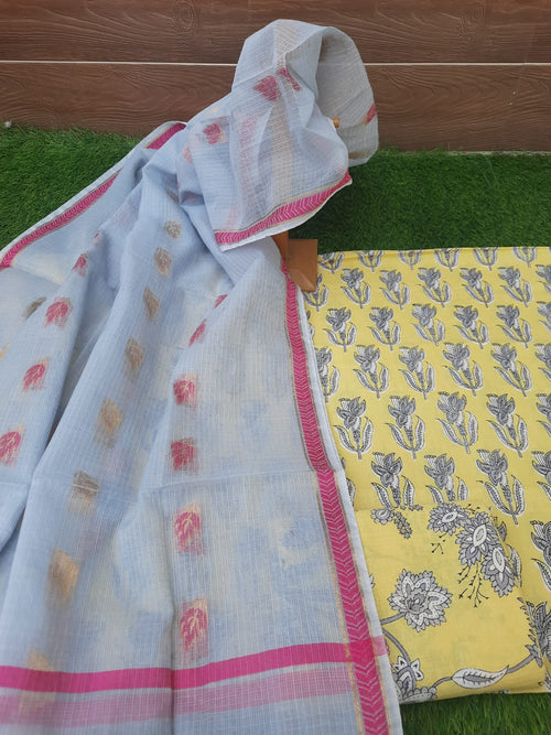Light yellow color cotton suit with kota doriya dupatta