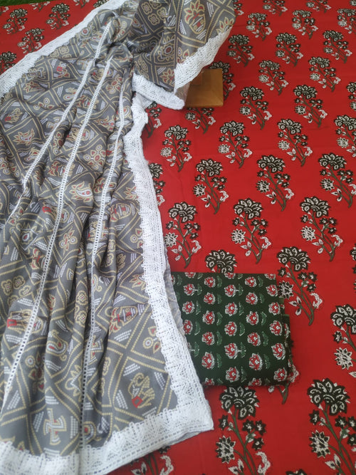 Red color cotton  suit with creap silk patola print  dupatta