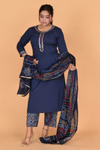 Dark Blue Cotton Suit With Bandhej Print Mulmul Cotton Dupatta