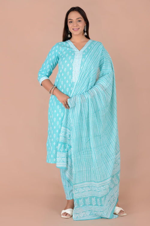 Sky Blue Color Cotton  Suits With Mulmul Cotton  Dupatta