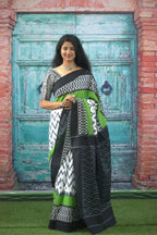 Black With Green Cotton Mulmul  Saree