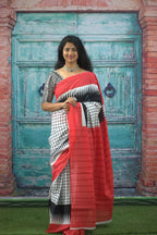 white with black checks pattern Cotton Saree - Aaditri fab