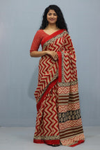Red Color Geometric Print Cotton  Saree