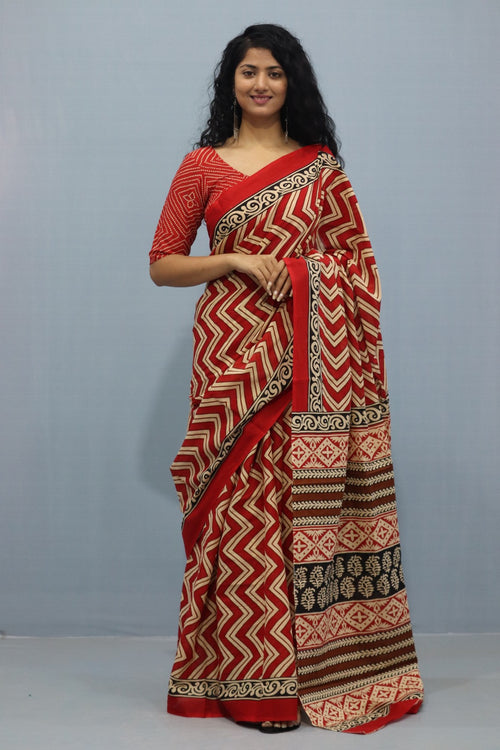 Red Color Geometric Print Cotton  Saree