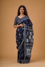 Indigo blue handloom linen  block print saree