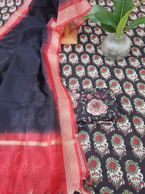 Black color cotton  dress material with organza dupatta