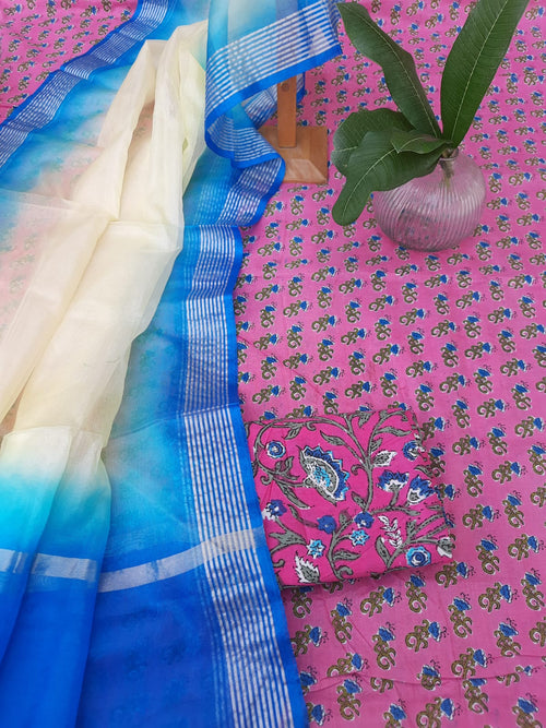 Dark pink color cotton  dress material with organza dupatta