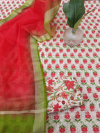 Red color cotton dress material with organza dupatta