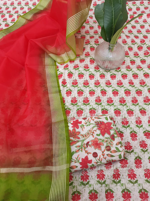 Red color cotton dress material with organza dupatta