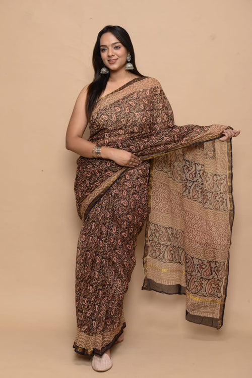 Bagru  Hand Block Print Kota Doria Saree