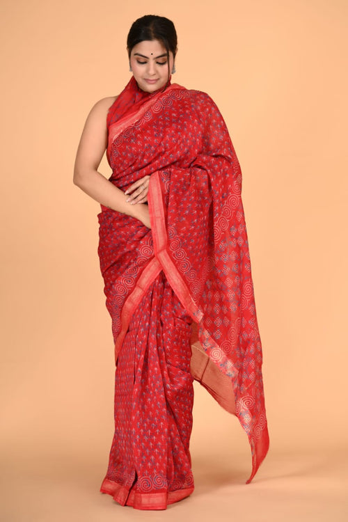Ajrakh print  Maheshwari silk saree